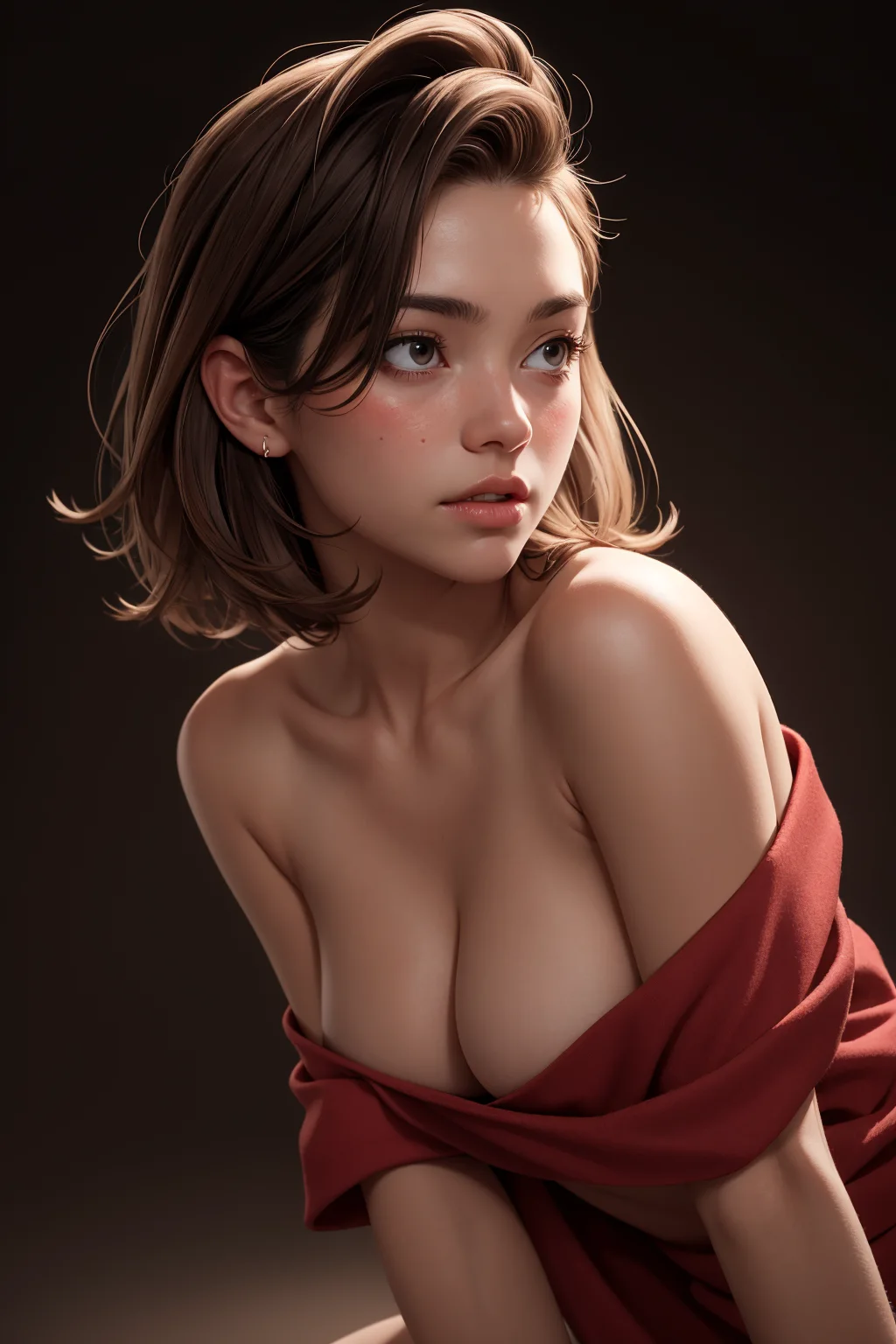 Stylized adult fictional character in a red editorial portrait